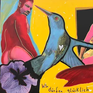 Ein buntes Gemälde mit dem Titel „Wir dürfen glücklich sein“.