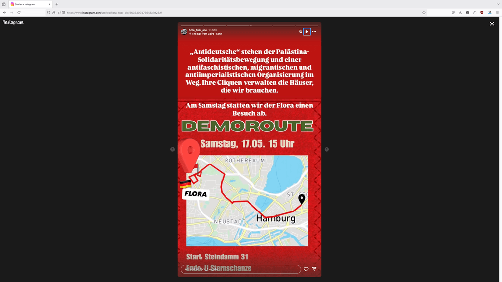 Diesen Demoaufruf veröffentlichte Account aus dem Pro-Palästina-Lager auf Instagram.