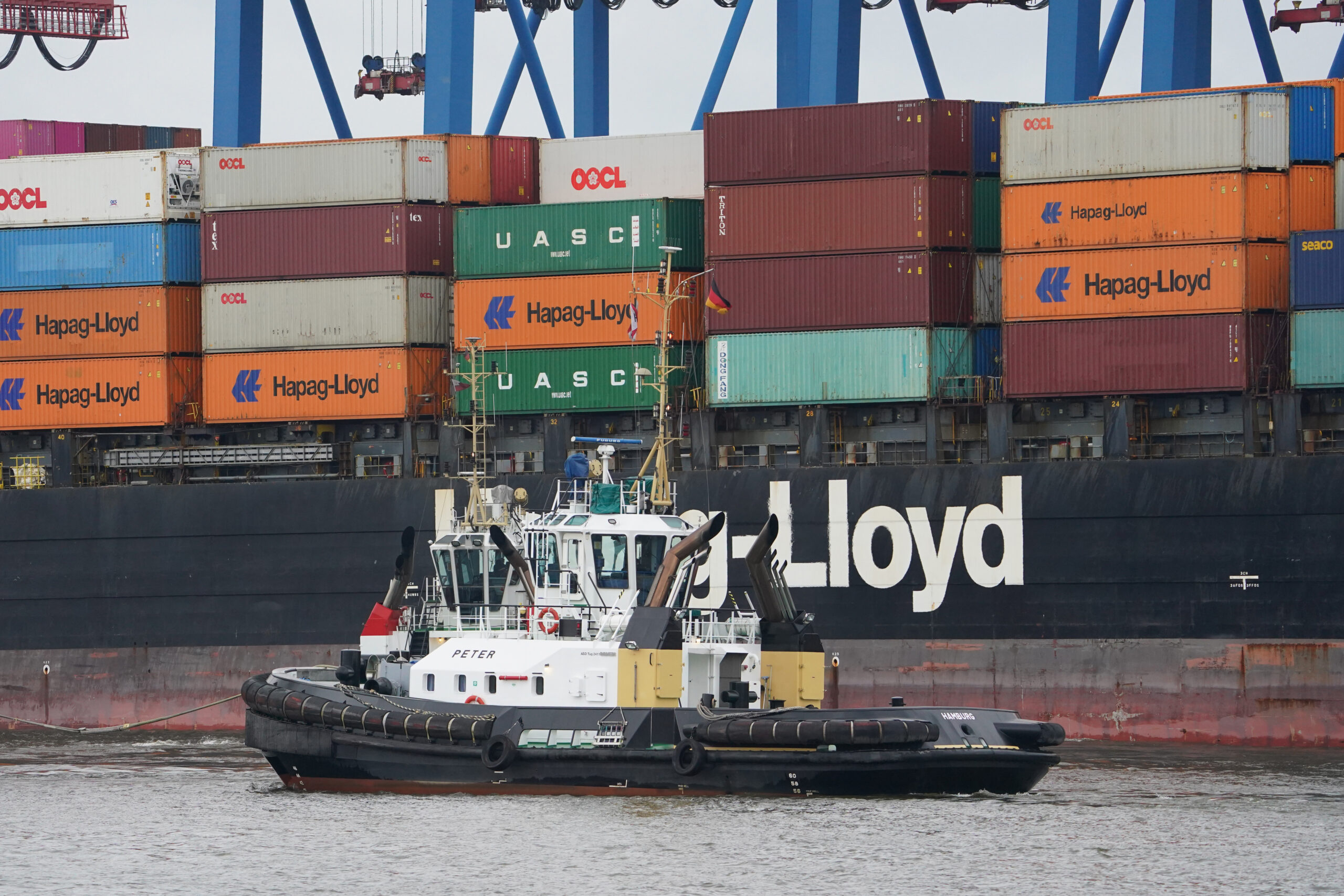 Der Schlepper „Peter“ fährt neben einem Containerschiff der Reederei Hapag-Lloyd am Container Terminal Altenwerder (CTA) vorbei.