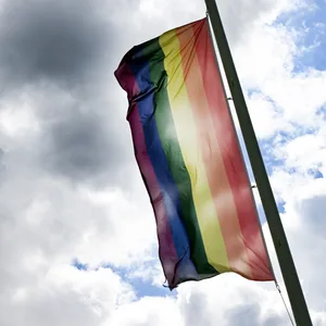 Eine Regenbogenflagge im Gegenlicht