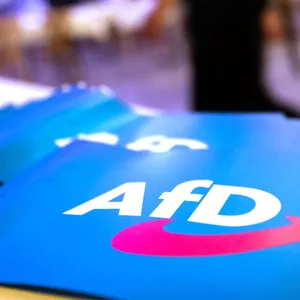 Fähnchen mit dem Logo der AfD liegen auf einem Tisch. (Symbolbild)