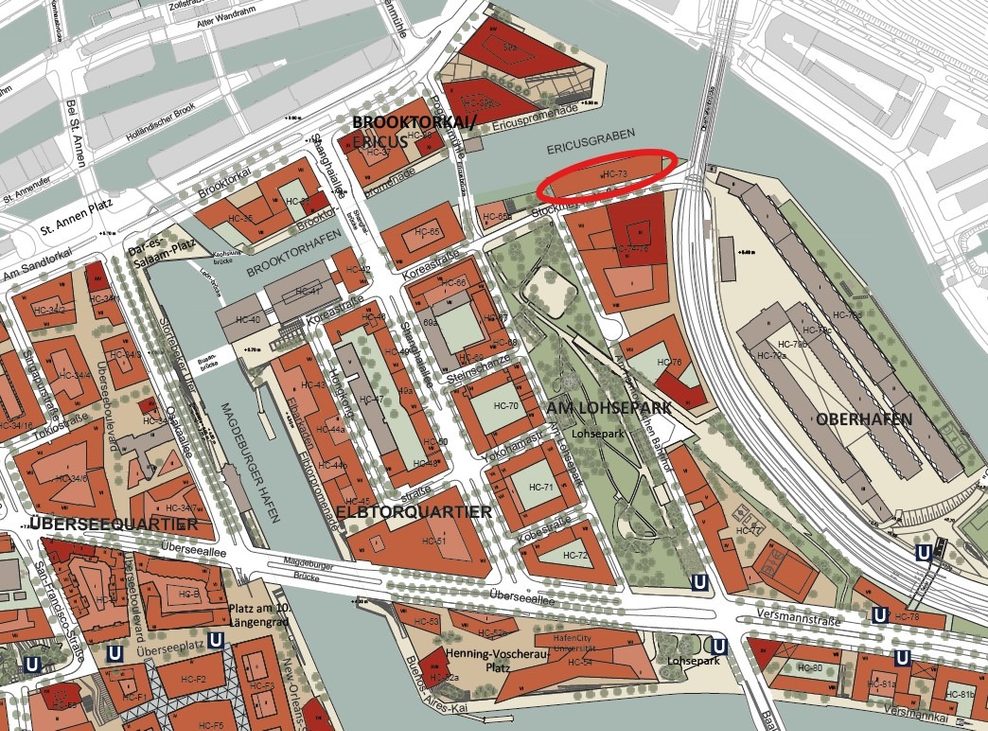 Ein Flächenplan der HafenCity Hamburg mit Markierung des neu geplanten Gebäudes.