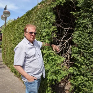 Rainer Grunert steht vor seiner 40-jährigen Thujahecke vor seinem Einfamilienhaus in einem verkehrsberuhigten Wohngebiet in Glinde.
