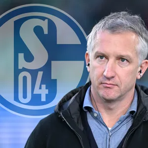 Frank Baumann mit Schalke-Logo im Hintergrund