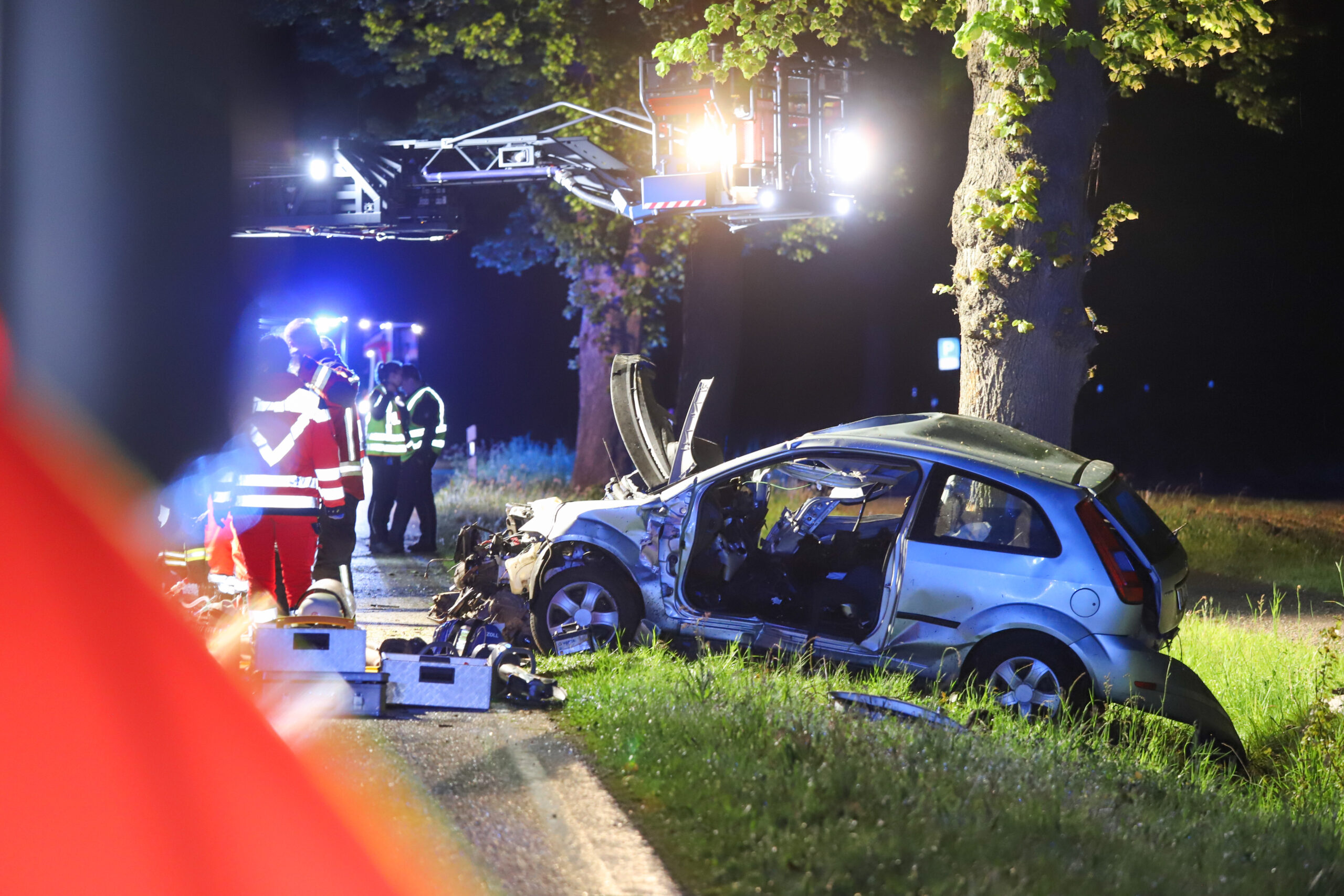 Der Ford Fiesta klebt völlig deformiert an einem Baum