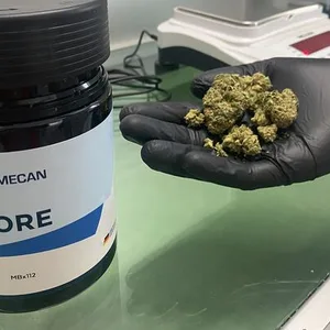 Ein Apotheker in Hamburg wiegt Cannabis-Blüten ab
