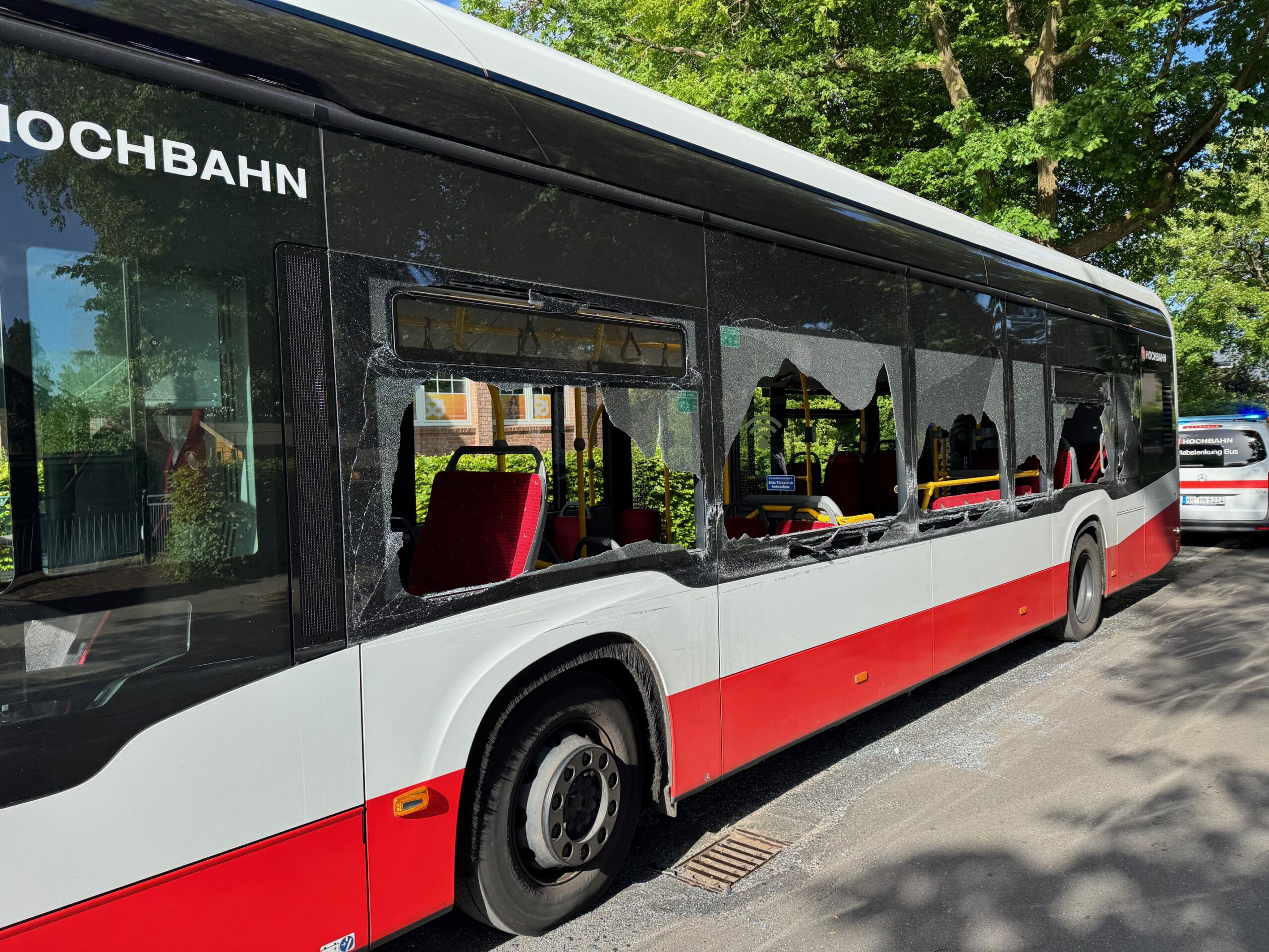 Der Bus an der Haltestelle Steinwegel mit zerbrochenen Scheiben.