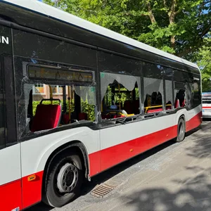 Der Bus an der Haltestelle Steinwegel mit zerbrochenen Scheiben.