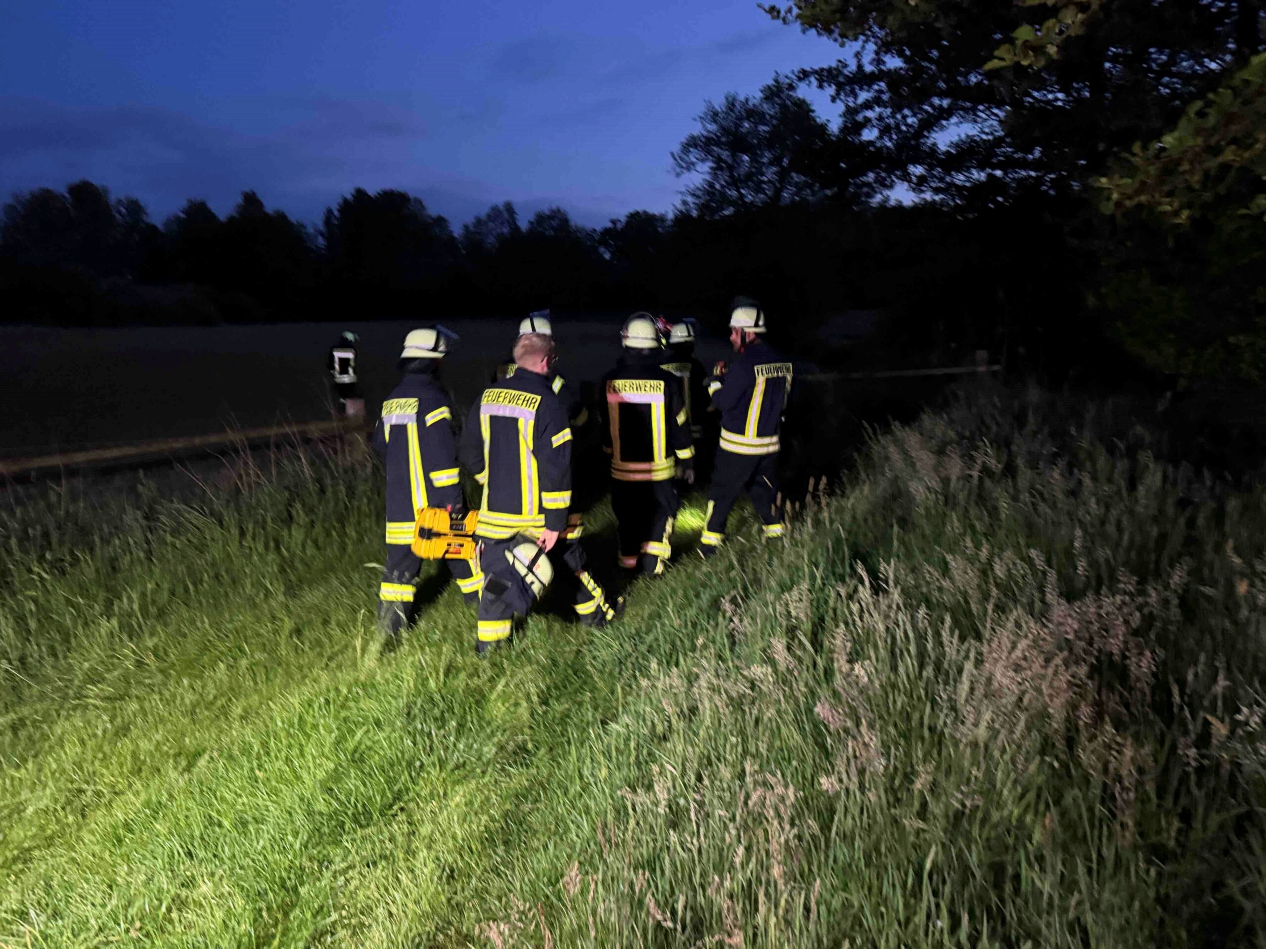 Feuerwehrleute laufen über ein Feld