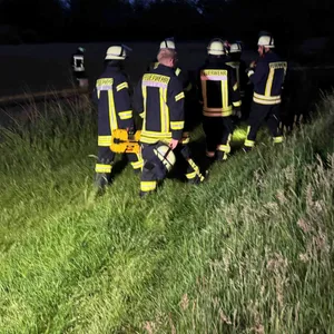 Feuerwehrleute laufen über ein Feld