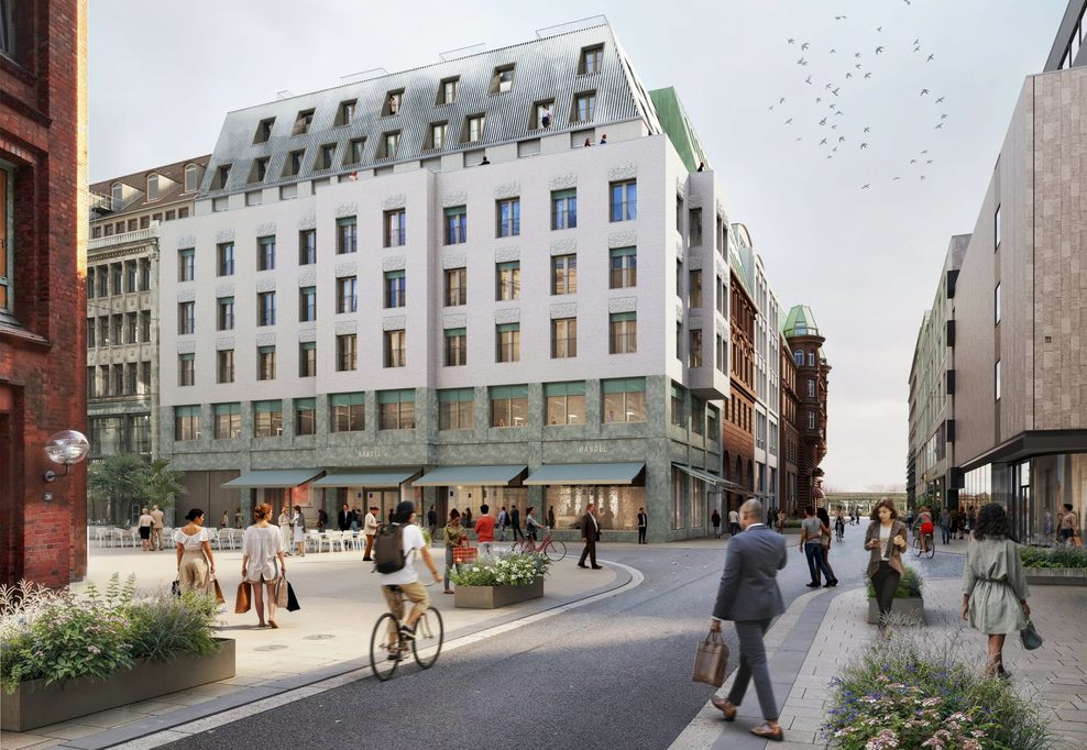 2029 soll an der Ecke Große Bleichen/Poststraße ein eher trister Neubau stehen (oben).