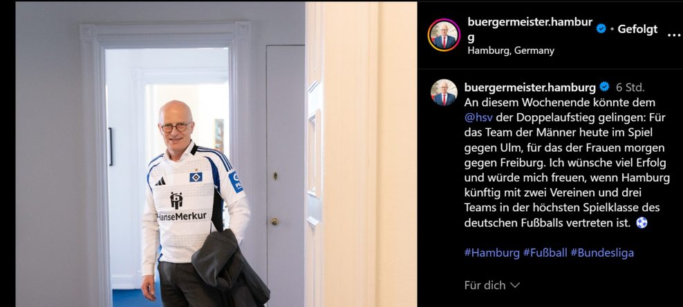 Auch Hamburgs Bürgermeister Peter Tschentscher (SPD) drückt dem HSV die Daumen – auf Instagram.