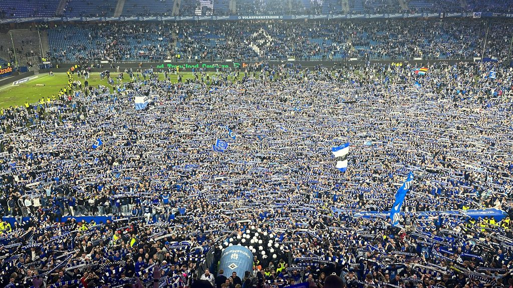 Die Fans auf dem Rasen des Volksparstadions recken ihre Schals in die Höhe.