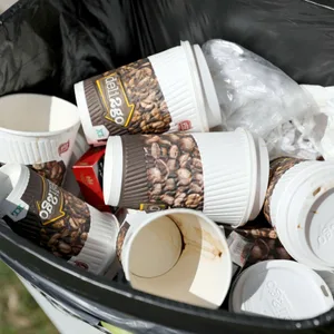 Leere Einwegbecher in einem Mülleimer – BUND fordert Verpackungssteuer. (Symbolbild)
