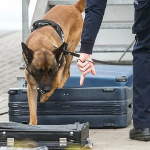 Ein Drogenspürhund kontrolliert Gepäck