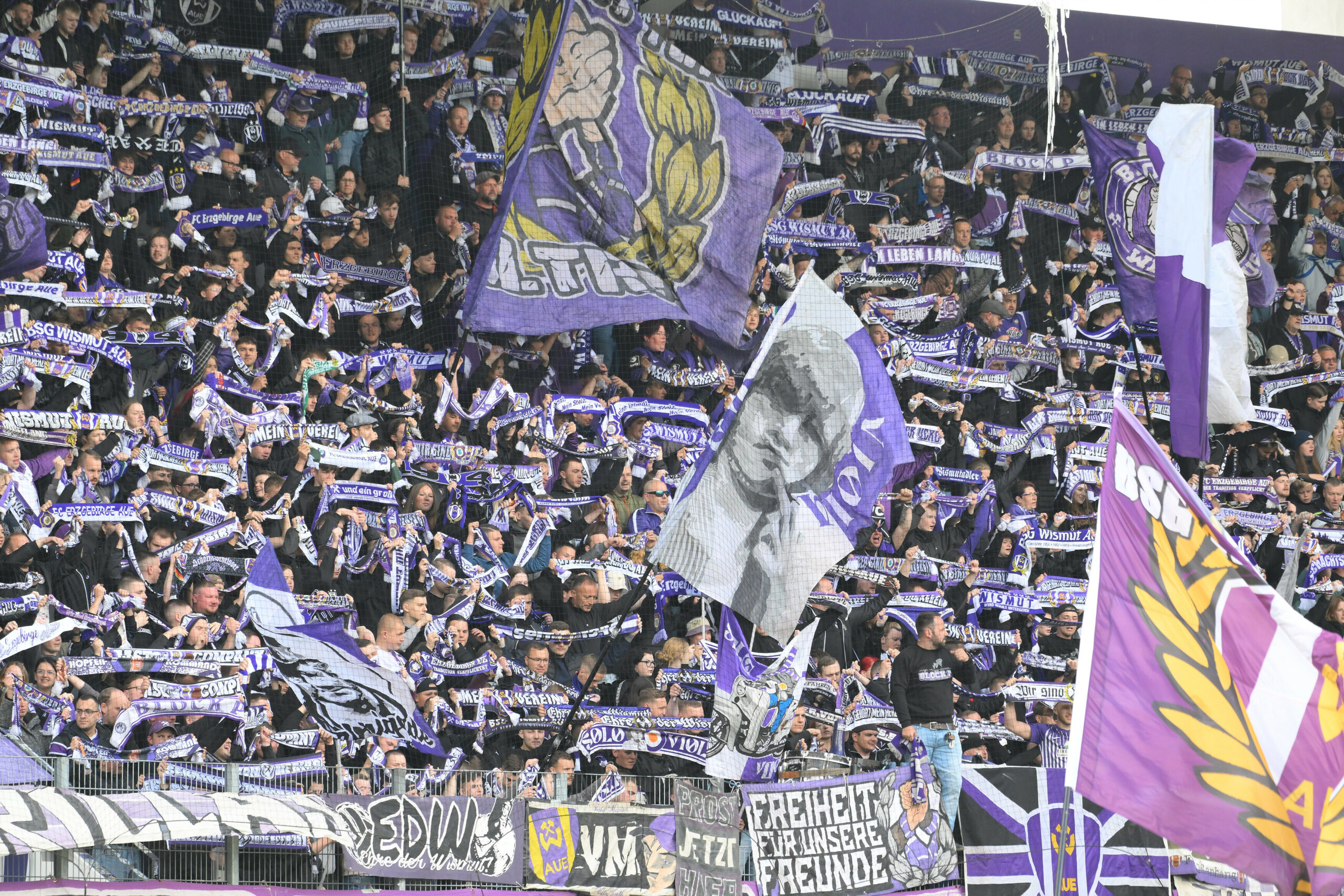 Fans von Erzgebirge Aue halten ihre Schals hoch