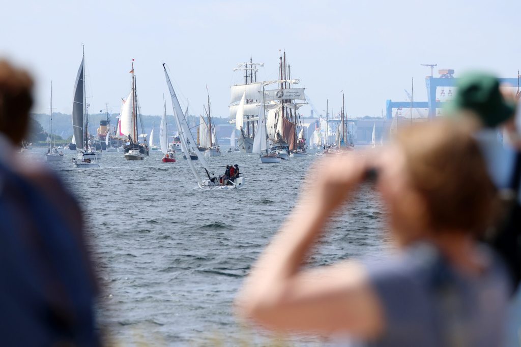 Große und kleine Segelschiffe fahren während der Windjammerparade auf der Kieler Förde.