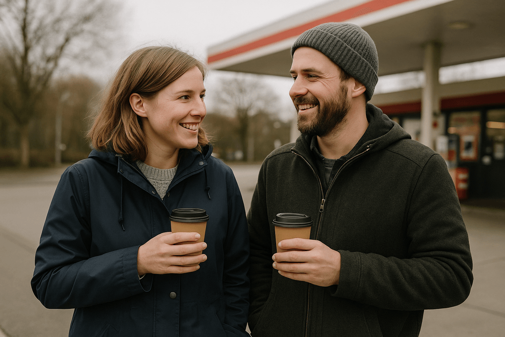 Ein Mann und eine Frau Mitte 30 stehen nebeneinander vor einer Tankstelle. Beide tragen wetterfeste Jacken und halten Kaffeebecher in der Hand. Sie lächeln sich an, im Hintergrund sind Zapfsäulen und kahle Bäume zu sehen.