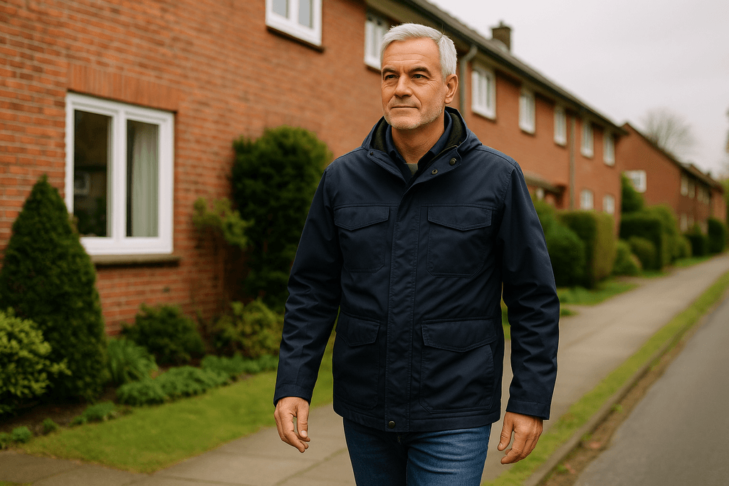 Ein Mann um die 50 mit grauen Haaren geht einen Gehweg entlang. Er trägt eine wetterfeste Jacke und Jeans. Im Hintergrund stehen rote Reihenhäuser mit Vorgärten.