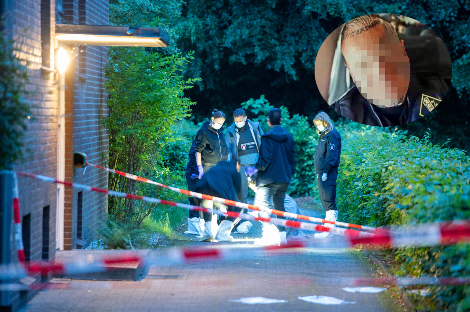 Polizei am Tatort und ein Mann mit Tattoos