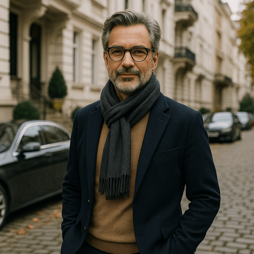 Ein Mann um die 50 mit grauen Haaren, Brille und Schal steht auf einer ruhigen Kopfsteinpflasterstraße. Er trägt Sakko und Pullover, im Hintergrund sind elegante Altbaufassaden und geparkte Autos zu sehen.