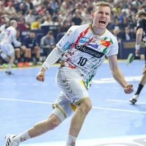 Gisli Kristjansson jubelt über ein Tor im Champions-League-Finale gegen die Füchse Berlin