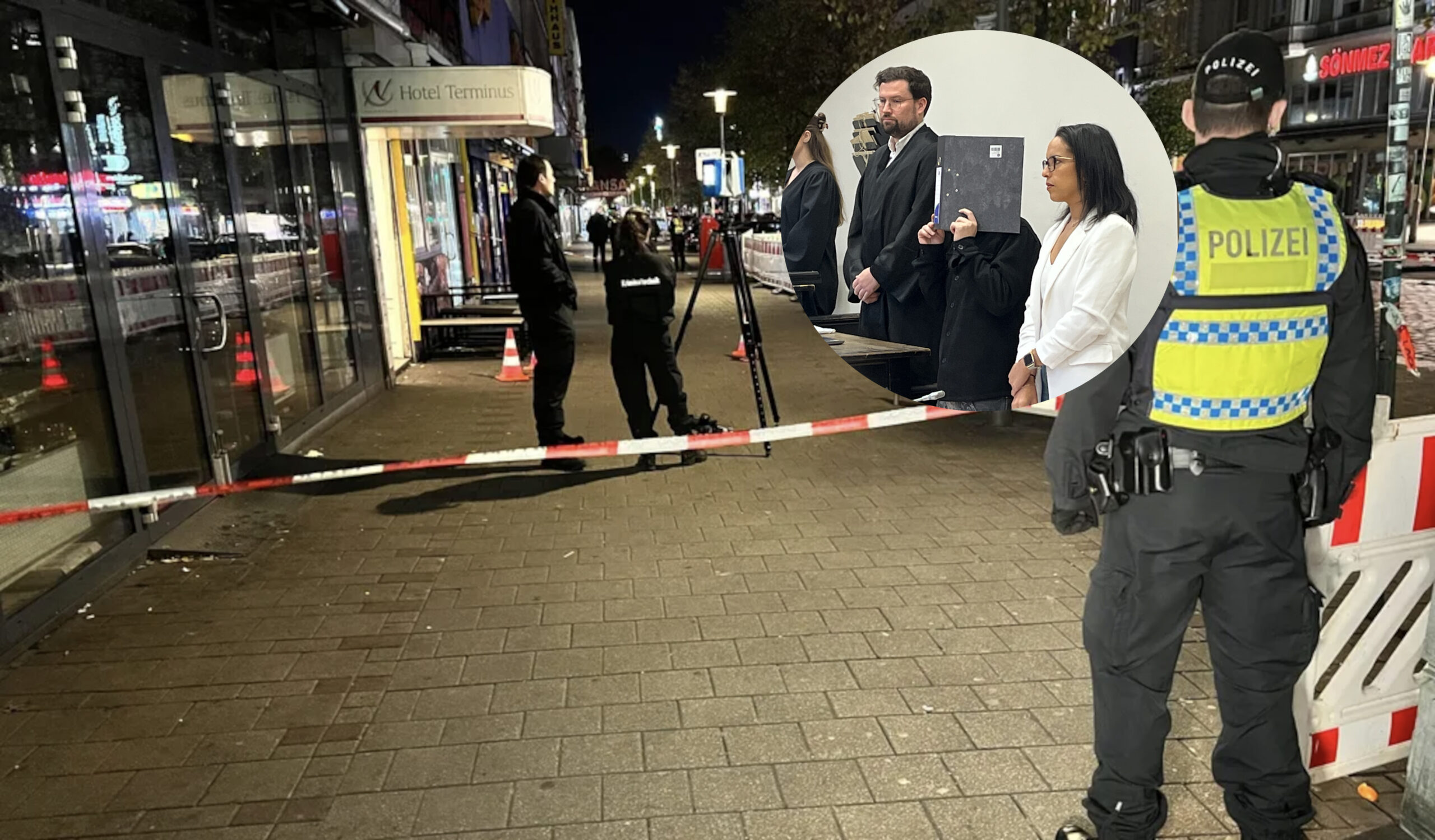 Tatort und Angeklagter vor Gericht