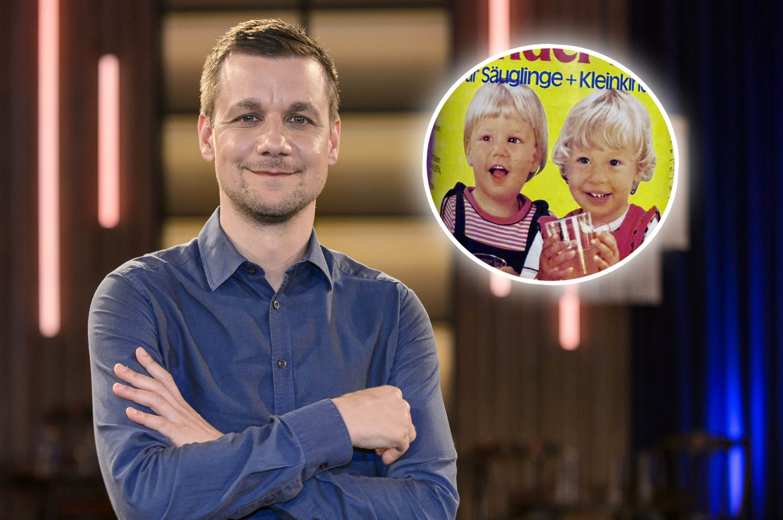 Moderator Tobias Schlegl war als Kindermodel auf einem Tee zu sehen. Neben einem weiteren Kind, das er nun öffentlich sucht.