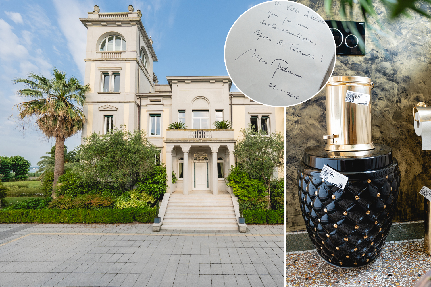 Villa Ansaldi, Lob von Berlusconi, Ananas Toilette (von links nach rechts)