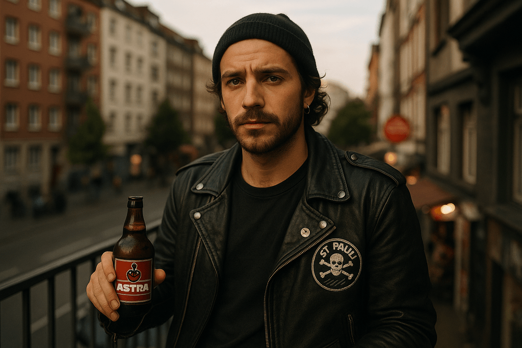 Ein junger Mann mit dunklem Bart und Lederjacke steht auf einem Gehweg vor einem Kiosk. Er hält eine Bierflasche in der Hand und schaut direkt in die Kamera. Im Hintergrund sind Graffiti, Schilder und Stadtlichter zu sehen.