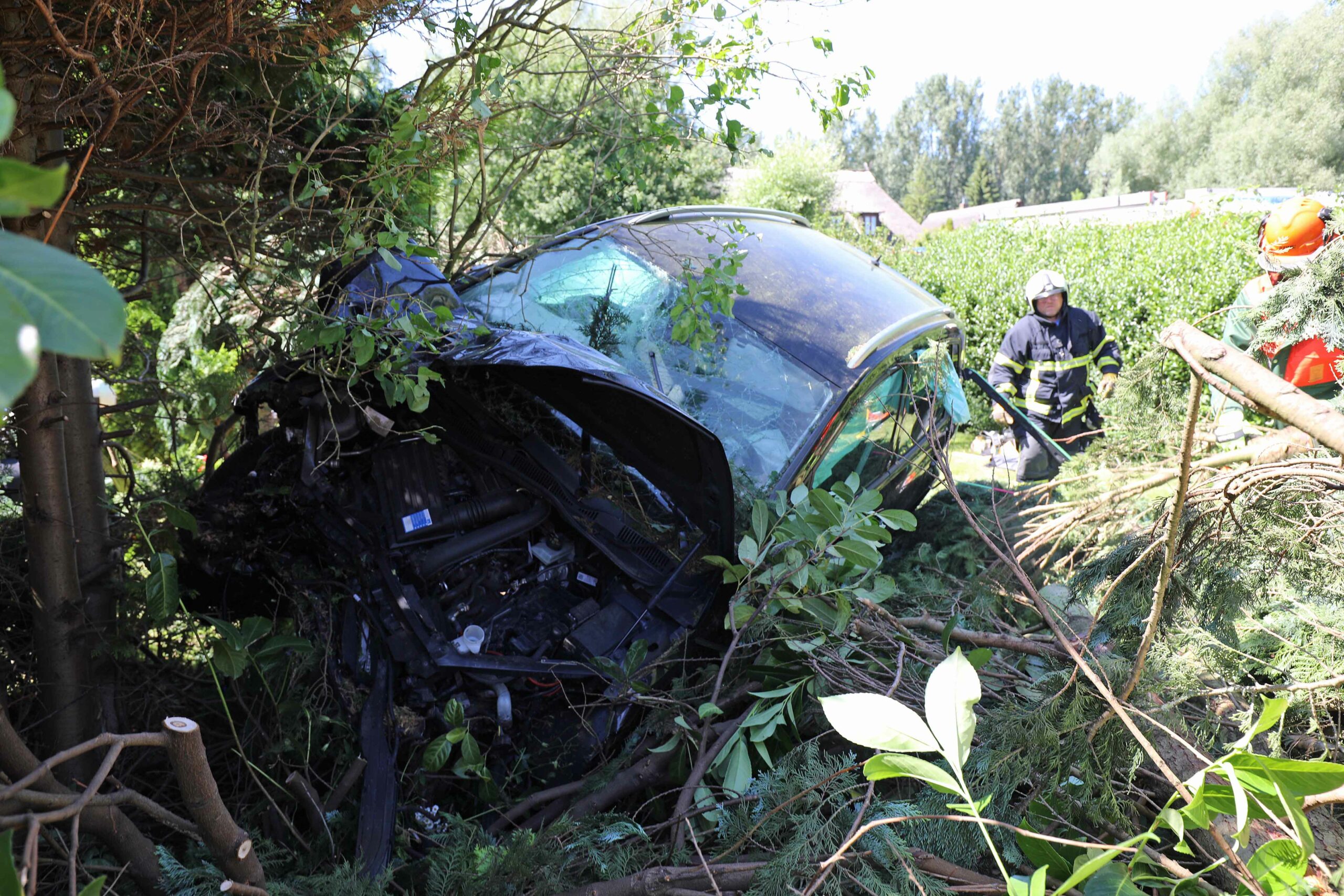Der Wagen raste bei dem Unfall in Rostock über mehrere Grundstücke.