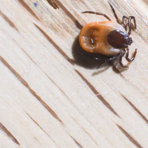Eine Zecke der Spezies Gemeiner Holzbock sitzt auf einem Holztisch.