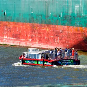 Ein Containerschiff und eine Barkasse im Waltershofer Hafen in Hamburg. (Symbolbild)