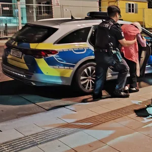 Alte Dame steigt in ein Polizeiauto