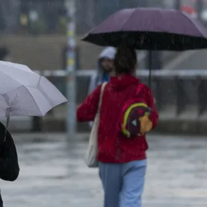 Touristen mit Regenschirmen unterwegs im Regen an den Landungsbrücken im Hafen von Hamburg