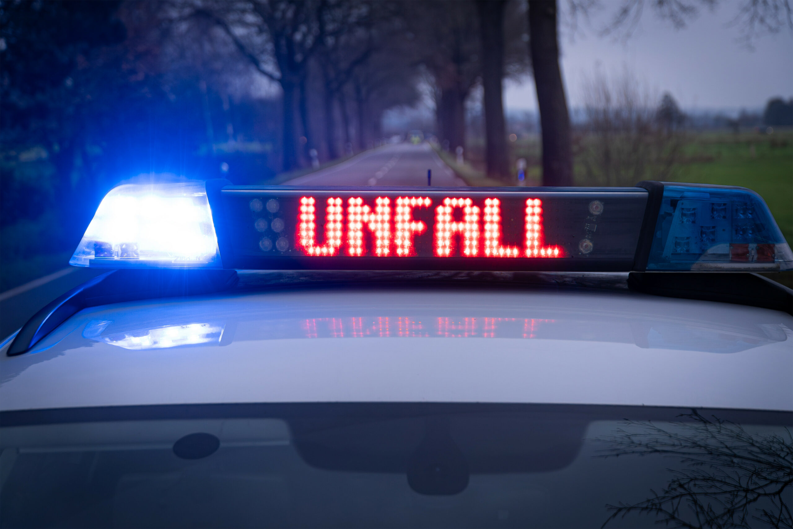 Ein Polizeiauto steht mit Blaulicht auf einer Landstraße.
