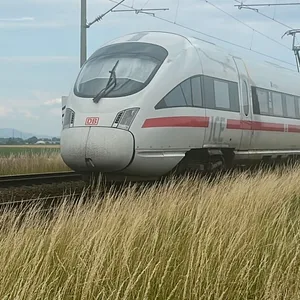 Polizeibeamte gehen zu dem ICE, in dem ein Mann in Niederbayern mehrere Passagiere angegriffen hat.