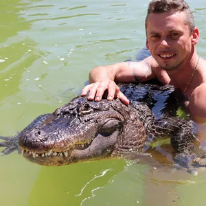 Mann mit Alligator im Pool