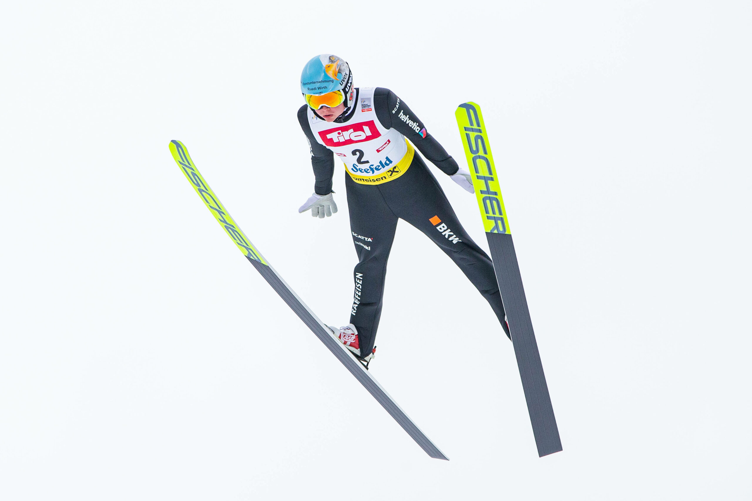 Schweizer Kombinierer Pascal Müller beim Skispringen
