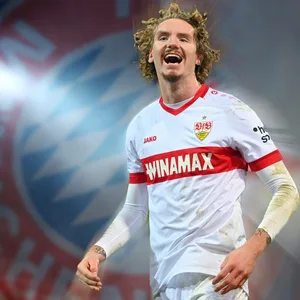 Fotomontage: Nick Woltemade im Stuttgart-Trikot, hinter ihm ein Logo des FC Bayern München