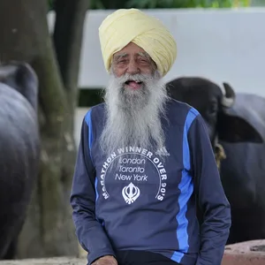 Fauja Singh vor einer Büffelherde