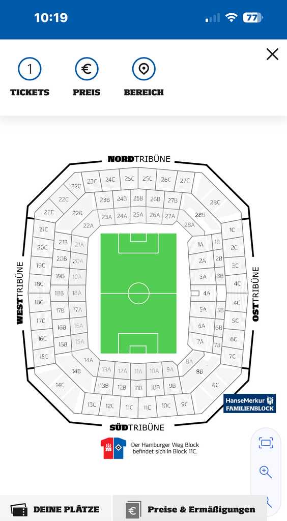 Screenshot von Sitzauswahl des Volksparkstadion für das Derby gegen St. Pauli.
