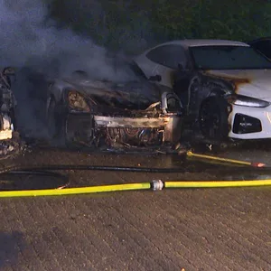 Feuerwehrkräfte löschen die betroffenen Autos.
