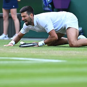 Novak Djokovic schreit bei einem Sturz vor Schmerz
