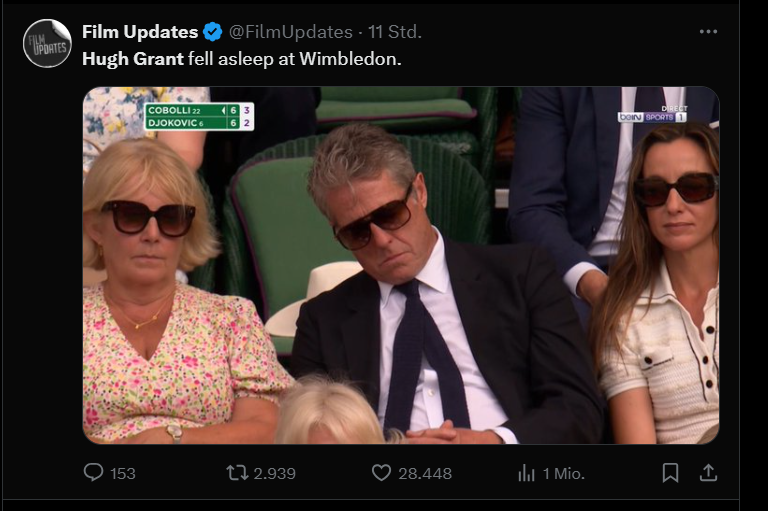 Dieses Bild geht viral: Hugh Grant döst beim Wimbledon-Turnier mal kurz weg.