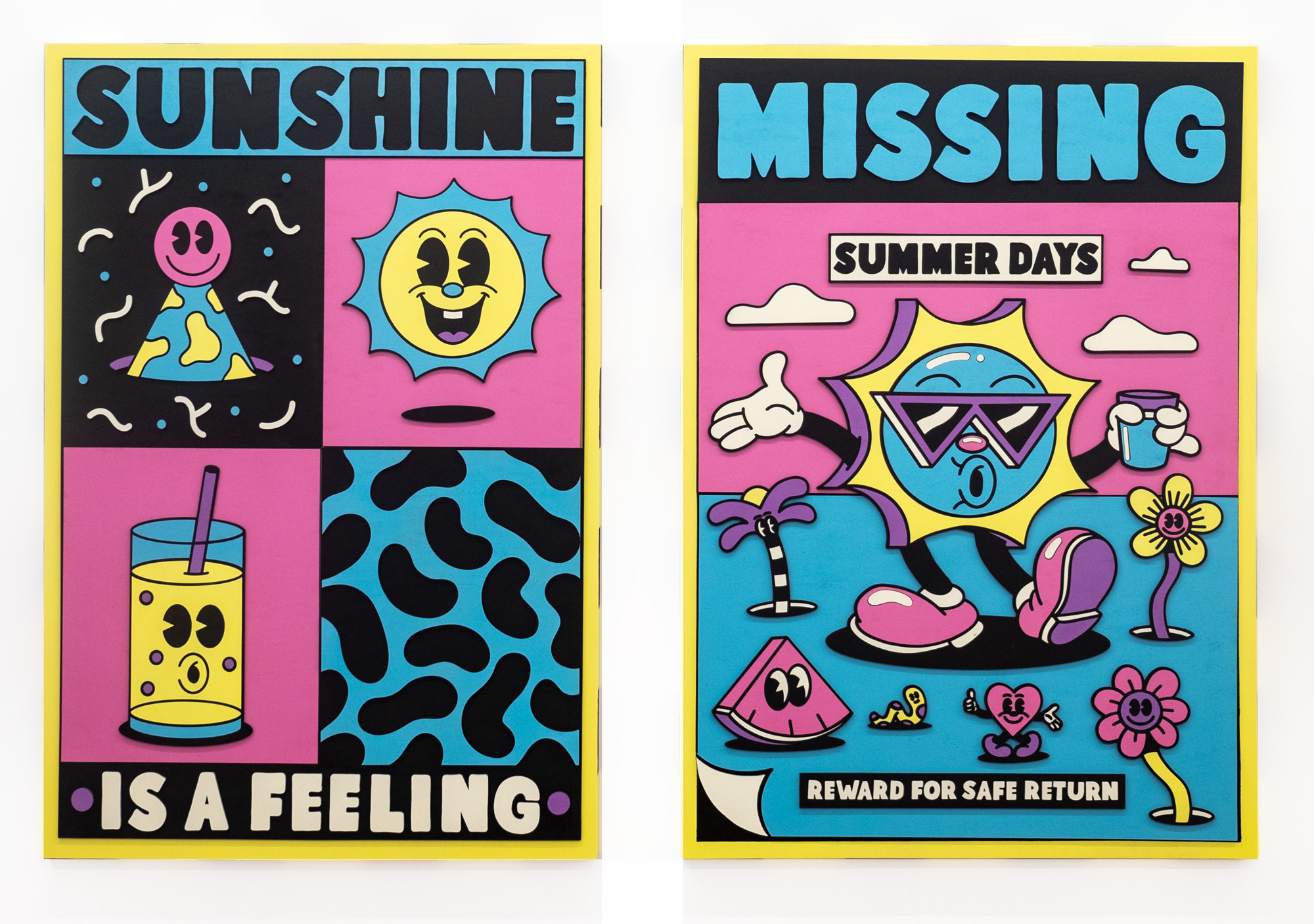 Bunte Poster mit den Aufschriften „Sunshine is a feeling“ und „Missing – Summer Days“