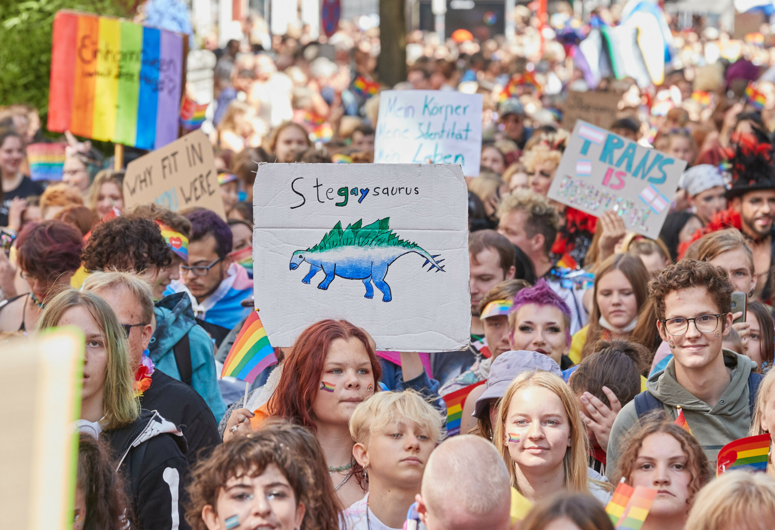 Eine Menschenmasse läuft mit Regenbogenflaggen über die Lange Reihe in Hamburg.