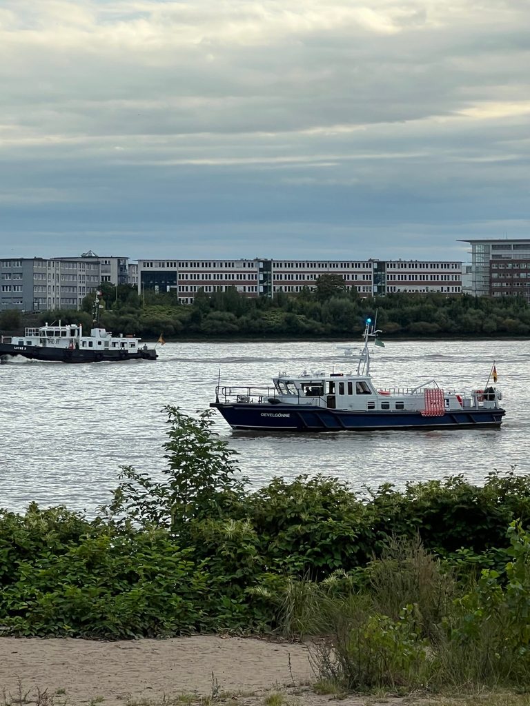 Die Besatzung eines Zollbootes (r.) sucht die Elbe nach dem vermissten Schwimmer ab.