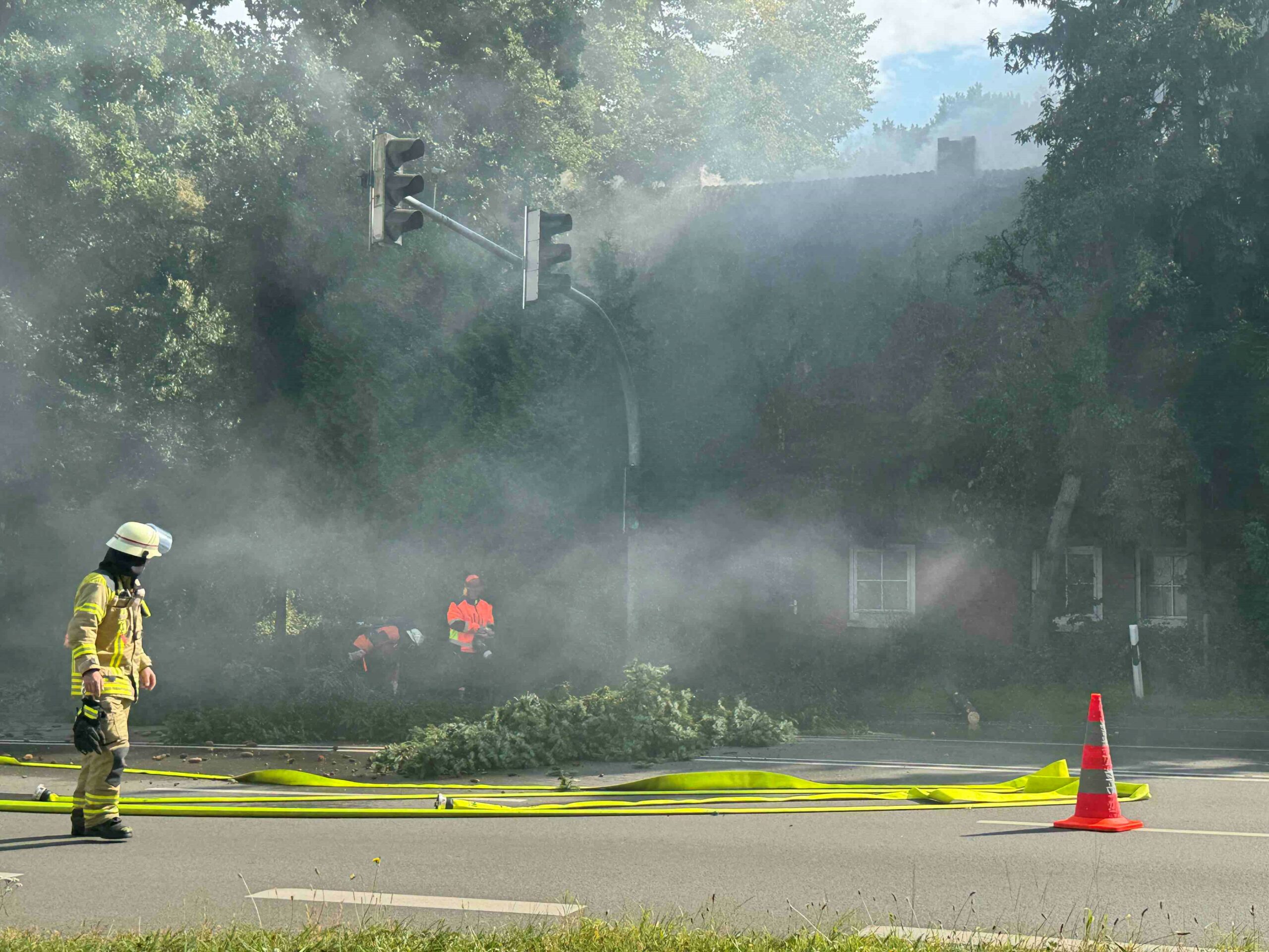 Um das brennende Reetdachhaus zu löschen, musste die Feuerwehr mehrere Bäume fällen.