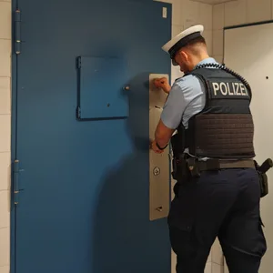 Ein Bundespolizist schließt die Tür der Gewahrsamszelle im Bundespolizeirevier Harburg (Symbolfoto).